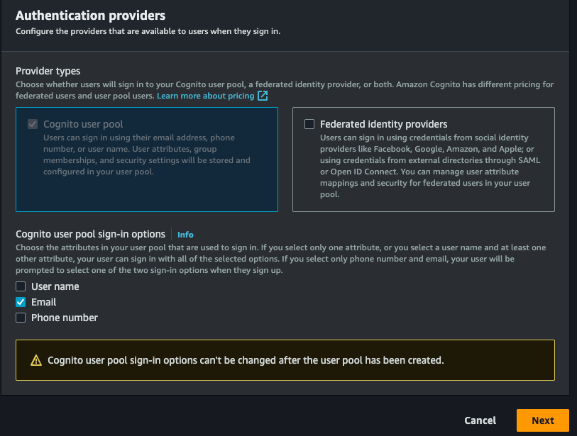 cognito configuration step 1